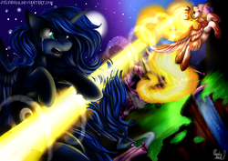 Size: 1024x724 | Tagged: safe, artist:julunis14, daybreaker, princess luna, g4, alternate universe, banishment, castle of the royal pony sisters, fight, flying, hair cutting, mane of fire, moon, role reversal, sad, scared, screaming, stars, sun