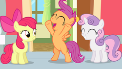 Size: 1280x720 | Tagged: safe, screencap, apple bloom, scootaloo, sweetie belle, earth pony, pegasus, pony, unicorn, flight to the finish, g4, bipedal, cutie mark crusaders, horn