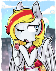 Size: 523x660 | Tagged: safe, artist:urbanqhoul, oc, oc only, pegasus, pony, alcohol, female, mare, one eye closed, solo, wine