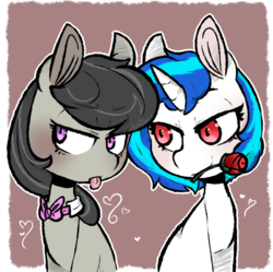 Size: 805x802 | Tagged: dead source, safe, artist:urbanqhoul, dj pon-3, octavia melody, vinyl scratch, earth pony, pony, unicorn, g4, blushing, cute, duo, female, flower, lesbian, looking away, mare, rose, ship:scratchtavia, shipping, tongue out