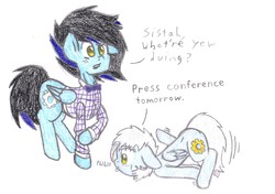 Size: 7986x5634 | Tagged: safe, artist:binary6, oc, oc only, oc:alloy cog, oc:polymer cog, pegasus, pony, absurd resolution, bowtie, clothes, female, male, raspberry noise, siblings, tongue out, traditional art