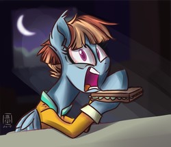 Size: 1280x1100 | Tagged: safe, artist:wildetrashbag, windy whistles, pegasus, pony, g4, bloodshot eyes, caught, clothes, eating, female, food, mare, midnight snack, moon, night, open mouth, sandwich, solo