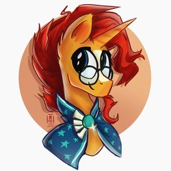 Size: 2318x2318 | Tagged: safe, artist:wildetrashbag, sunburst, pony, unicorn, g4, abstract background, bust, clothes, glasses, high res, male, robe, sidemouth, smiling, solo, sunburst's cloak, sunburst's glasses