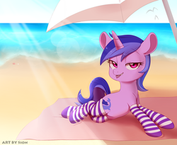Size: 1400x1150 | Tagged: safe, artist:sion, sea swirl, seafoam, pony, seagull, unicorn, g4, beach, bedroom eyes, biting, blanket, clothes, female, ocean, socks, solo, striped socks, sultry pose, tongue bite, tongue out, umbrella