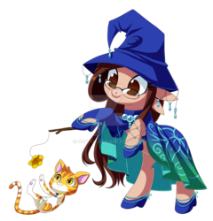 Size: 1024x1067 | Tagged: safe, artist:centchi, oc, oc only, oc:wizdiana, cat, pony, clothes, dress, hat, magic wand, shoes, simple background, solo, transparent background, watermark, witch hat