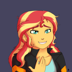Size: 2700x2700 | Tagged: safe, artist:proudmuggle, sunset shimmer, equestria girls, g4, clothes, female, high res, jacket, leather jacket, simple background, smiling, solo