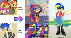 Size: 1576x840 | Tagged: safe, artist:silverbuller, flash sentry, sunset shimmer, oc, oc:morning glory, oc:sun storm, equestria girls, g4, 1000 hours in ms paint, bedroom eyes, belt, camp everfree outfits, eqg promo pose set, female, male, next generation, offspring, open mouth, parent:flash sentry, parent:sunset shimmer, parents:flashimmer, ship:flashimmer, shipping, straight, sun