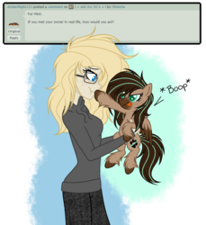 Size: 1024x1120 | Tagged: safe, artist:mintoria, oc, oc only, oc:dusty, oc:mint, human, pegasus, pony, ask, boop, clothes, deviantart, female, human female, humanized, mare, simple background, tongue out, transparent background, unshorn fetlocks