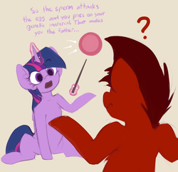Size: 1532x1476 | Tagged: safe, artist:marsminer, twilight sparkle, oc, oc:mars miner, alicorn, earth pony, pony, g4, an egg being attacked by sperm, confused, educational, egg cell, female, impregnation, male, mare, purple smart, sex education, simple background, sitting, spermatozoon, stallion, twilight sparkle (alicorn)
