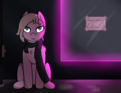 Size: 1300x1000 | Tagged: safe, artist:lazerblues, oc, oc only, oc:connie amore, pony, clothes, neon, rain, scarf, solo