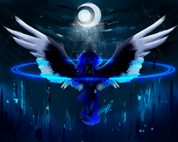 Size: 2500x2000 | Tagged: safe, artist:sileentdo, princess luna, alicorn, pony, g4, colored wings, colored wingtips, crown, eyes closed, female, high res, jewelry, mare, moon, night, regalia, solo, spread wings, wings