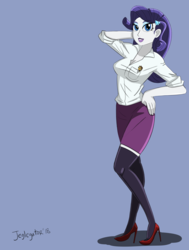 Size: 4966x6561 | Tagged: safe, artist:jeglegator, applejack, rarity, human, equestria girls, g4, absurd resolution, clothes, female, high heels, miniskirt, shirt, shoes, simple background, skirt, solo, stockings, thigh highs, thigh socks