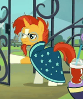 Size: 166x199 | Tagged: safe, screencap, sunburst, pony, unicorn, g4, the parent map, animated, annoyed, clothes, cropped, glasses, juice, male, picture for breezies, robe, solo, stallion, sunburst is not amused, sunburst's cloak, sunburst's glasses, unamused, welcome to sire's hollow