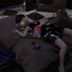 Size: 2000x2000 | Tagged: safe, artist:tahublade7, octavia melody, earth pony, anthro, plantigrade anthro, g4, 3d, alcohol, armpits, barefoot, bed, bored, bracelet, chips, daz studio, eating, feet, female, food, glass, graceful, high heels, high res, jewelry, majestic as fuck, nail polish, not sfm, pillow, potato chips, shoes, solo, tired, wine, wine glass