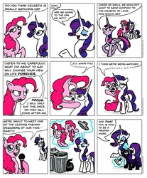 Size: 1032x1244 | Tagged: safe, artist:gingerfoxy, pinkie pie, rarity, twilight sparkle, oc, oc:nyx, alicorn, earth pony, pony, unicorn, pony comic generator, g4, 1984, comic, female, filly, fourth wall, glowing, glowing horn, horn, into the trash it goes, magic, mare, microphone, notebook, notepad, pen, simple background, surprised, taking notes, telekinesis, trash can, twilight sparkle (alicorn), white background, writing
