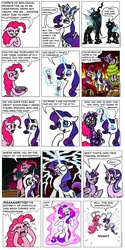 Size: 951x1900 | Tagged: safe, artist:gingerfoxy, pinkie pie, princess platinum, queen chrysalis, rarity, starlight glimmer, twilight sparkle, alicorn, breezie, changeling, changeling queen, earth pony, pony, unicorn, pony comic generator, g4, alcohol, breezie pie, breeziefied, comic, disguise, disguised changeling, female, fourth wall, glowing, glowing horn, horn, interrogation, magic, mare, mummification, rarbreez, simple background, species swap, telekinesis, tentacles, twilight sparkle (alicorn), white background, wine