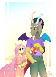 Size: 1179x1620 | Tagged: safe, artist:ladychimaera, discord, fluttershy, draconequus, pegasus, anthro, g4, clothes, female, male, mare, pants, ship:discoshy, shipping, shirt, size difference, skirt, straight, t-shirt