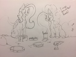 Size: 1280x960 | Tagged: safe, artist:greyscaleart, fluttershy, pinkie pie, earth pony, pegasus, pony, g4, about to have tail sucked into a roomba, balloon, blender (object), deadpool, dialogue, female, grayscale, mare, monochrome, power drill, roomba, roombapie, roombashy, smiling, toaster, traditional art