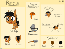 Size: 4032x3024 | Tagged: safe, artist:professionalpuppy, oc, oc only, oc:cocoa mocha, oc:puppy, clothes, flamethrower, reference sheet, scarf, shovel, weapon