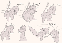 Size: 2100x1463 | Tagged: safe, artist:yakovlev-vad, princess luna, alicorn, pony, g4, back scratching, brush, cute, female, heart, hitting, lunabetes, male, mare, monochrome, mouth hold, royal guard, scratching, simple background, sketch, stallion, yelling, yellow background