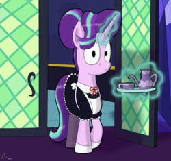Size: 1980x1865 | Tagged: safe, artist:moonatik, starlight glimmer, pony, unicorn, g4, shadow play, apron, clothes, cup, female, fishnet stockings, gloves, glowing horn, hair bun, horn, magic, maid, mare, signature, solo, teacup, teapot, telekinesis, tray