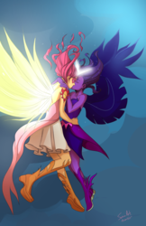 Size: 1320x2040 | Tagged: safe, artist:swain, sci-twi, sunset shimmer, twilight sparkle, human, equestria girls, g4, daydream shimmer, duo, female, horn, horned humanization, humanized, kiss on the lips, kissing, lesbian, midnight sparkle, midnightdaydream, ship:sci-twishimmer, ship:sunsetsparkle, shipping, winged humanization, wings