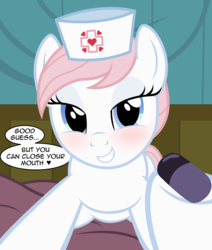 Size: 2037x2397 | Tagged: safe, artist:badumsquish, derpibooru exclusive, nurse redheart, earth pony, pony, g4, bed, bedroom eyes, blushing, dialogue, female, female on top, femdom, grin, gritted teeth, hat, heart, high res, hospital, imminent anal insertion, imminent insertion, imminent suppository, implied anal insertion, implied insertion, looking at you, male, male pov, nurse, nurse hat, offscreen character, on top, pill, pov, smiling, smirk, suppository, talking, talking to viewer