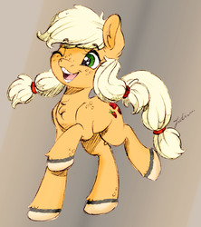 Size: 1489x1676 | Tagged: safe, artist:faline-art, color edit, edit, applejack, earth pony, pony, g4, alternate hairstyle, bucktooth, color, colored, cute, female, filly, freckles, happy, jackabetes, one eye closed, open mouth, pigtails, simple background, smiling, solo, teenage applejack, teenager, traditional art, wip