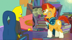Size: 1280x720 | Tagged: safe, edit, edited screencap, screencap, sunburst, pony, unicorn, g4, the parent map, adventure time, animated, book, cape, chair, clothes, cropped, excited, falling, glowing cutie mark, grin, lemongrab, male, screaming, smiling, sound, stool, sword, table, weapon, webm, yelling