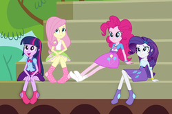 Size: 1160x771 | Tagged: safe, editor:grapefruitface, fluttershy, pinkie pie, rarity, twilight sparkle, equestria girls, g4, clothes, sitting, socks