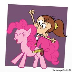 Size: 1600x1600 | Tagged: dead source, safe, artist:javisuzumiya, pinkie pie, earth pony, human, pony, g4, clothes, crossover, duo, female, flower, humans riding ponies, luan loud, mare, nickelodeon, ponytail, rider, riding, shoes, sleeveless, the loud house