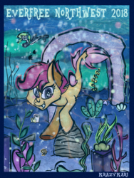 Size: 960x1280 | Tagged: safe, artist:krazykari, scootaloo, oc, oc:marina (efnw), seapony (g4), everfree northwest, g4, surf and/or turf, everfree northwest 2018, seapony scootaloo, underwater