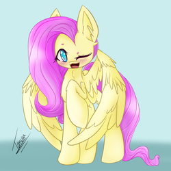 Size: 1000x1000 | Tagged: safe, artist:lunatanuki, fluttershy, pegasus, pony, g4, big ears, blushing, cute, female, large wings, lifted leg, looking at you, one eye closed, raised hoof, shyabetes, solo, spread wings, wings, wink