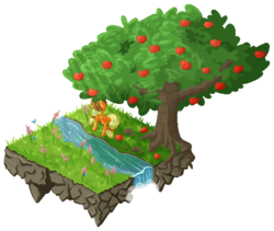 Size: 570x480 | Tagged: safe, artist:ak4neh, applejack, g4, apple, apple tree, flower, food, isometric, pixel art, river, scenery, simple background, transparent background, tree