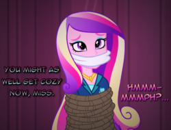 Size: 1010x768 | Tagged: safe, artist:snakeythingy, edit, dean cadance, princess cadance, equestria girls, g4, my little pony equestria girls: friendship games, bondage, bound and gagged, cloth gag, damsel in distress, dialogue, gag, kidnapped, muffled words, peril, photomanipulation, rope, story included, tied up