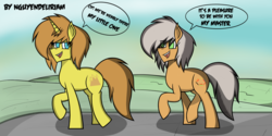 Size: 3500x1755 | Tagged: safe, artist:nguyendeliriam, oc, oc:deliriam, oc:terra wrath, earth pony, pony, robot, robot pony, unicorn, big tail, dialogue, female, hair over one eye, looking at each other, male, simple background, walking