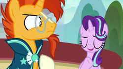 Size: 1280x720 | Tagged: safe, screencap, starlight glimmer, sunburst, pony, unicorn, g4, the parent map, air quotes, animated, duo, female, floppy ears, fountain, irritated, issues, male, mare, shocked, sire's hollow, sound, stallion, webm