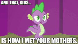 Size: 1000x562 | Tagged: safe, edit, edited screencap, screencap, applejack, fluttershy, pinkie pie, rainbow dash, rarity, spike, starlight glimmer, dragon, earth pony, pony, unicorn, g4, horse play, animated, caption, female, how i met your mother, image macro, male, mare, meme, nervous, spike gets all the mares, straight, this will end in snu snu