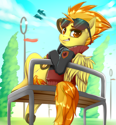 Size: 3012x3244 | Tagged: dead source, safe, artist:dankflank, spitfire, pegasus, pony, g4, arm hooves, bench, clothes, cutie mark, explicit source, female, flying, frog (hoof), grin, high res, horseshoes, jacket, looking at you, looking back, looking back at you, mare, sitting, smiling, solo, sunglasses, underhoof