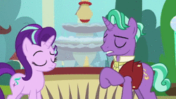 Size: 1280x720 | Tagged: safe, screencap, firelight, starlight glimmer, pony, unicorn, g4, the parent map, animated, duo, father and daughter, female, floppy ears, fountain, male, mare, sire's hollow, sound, stallion, webm