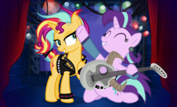 Size: 1600x972 | Tagged: safe, artist:3d4d, artist:orin331, starlight glimmer, sunset shimmer, pony, unicorn, g4, bracelet, clothes, curtains, duo, female, guitar, jacket, jewelry, mare, musical instrument, smiling, stage