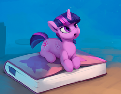 Size: 1100x859 | Tagged: safe, artist:rodrigues404, twilight sparkle, alicorn, pony, angry, book, bookhorse, cute, female, glare, looking up, mare, micro, open mouth, possessive, prone, short tail, sitting, small wings, smol, solo, that pony sure does love books, tiny ponies, twiabetes, twilight sparkle (alicorn), weapons-grade cute