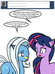 Size: 447x600 | Tagged: safe, artist:dekomaru, trixie, twilight sparkle, pony, unicorn, tumblr:ask twixie, g4, ask, female, lesbian, ship:twixie, shipping, tumblr