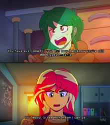 Size: 2368x2674 | Tagged: safe, artist:0ndshok, sunset shimmer, wallflower blush, equestria girls, equestria girls specials, g4, my little pony equestria girls: better together, my little pony equestria girls: forgotten friendship, black eye, blood, classroom, clothes, dialogue, high res, open mouth, parody, scene parody, shelf, signature