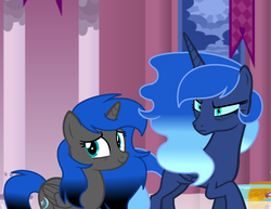 Size: 1448x1120 | Tagged: safe, artist:rainbows-skies, princess luna, oc, oc:midnight shadow, alicorn, pony, g4, base used, concave belly, female, mother and daughter, offspring, parent:princess luna, slender, thin