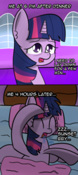 Size: 1066x2405 | Tagged: safe, artist:artiks, twilight sparkle, alicorn, pony, g4, bed, blanket, comic, dialogue, drool, female, implied lesbian, implied shipping, implied sunsetsparkle, pillow, sleeping, solo, tired, twilight sparkle (alicorn), window, zzz