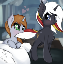 Size: 912x918 | Tagged: safe, artist:twiren, oc, oc only, oc:littlepip, oc:velvet remedy, pony, unicorn, fallout equestria, biting, blushing, chest fluff, cute, duo, duo female, ear fluff, fanfic, fanfic art, female, heart, hooves, horn, lesbian, lying down, mare, mare on mare, oc x oc, ship:velvetpip, shipping, tail, tail bite