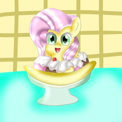 Size: 2048x2048 | Tagged: safe, artist:doraeartdreams-aspy, fluttershy, pony, g4, banana, banana split, bowl, cherry, cute, female, food, high res, ice cream, mare, open mouth, shyabetes, smiling, whipped cream