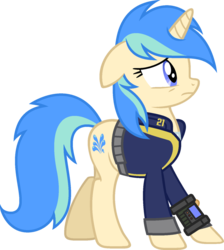 Size: 1024x1144 | Tagged: safe, artist:pegasski, oc, oc only, oc:river splash, pony, unicorn, fallout equestria, g4, clothes, fanfic, fanfic art, female, floppy ears, hooves, horn, jumpsuit, mare, pipbuck, show accurate, simple background, solo, transparent background, vault suit