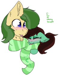 Size: 1391x1767 | Tagged: safe, artist:brokensilence, oc, oc:mossy vine, oc:peppermint swirl, pony, blushing, clothes, eyeshadow, female, makeup, male, mare, ponytail, scarf, shipping, simple background, stallion, tongue out, transparent background